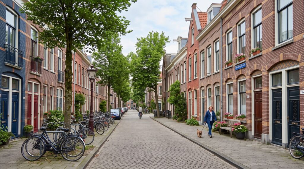 Straat met bakstenen huizen en fietsen in Amsterdam